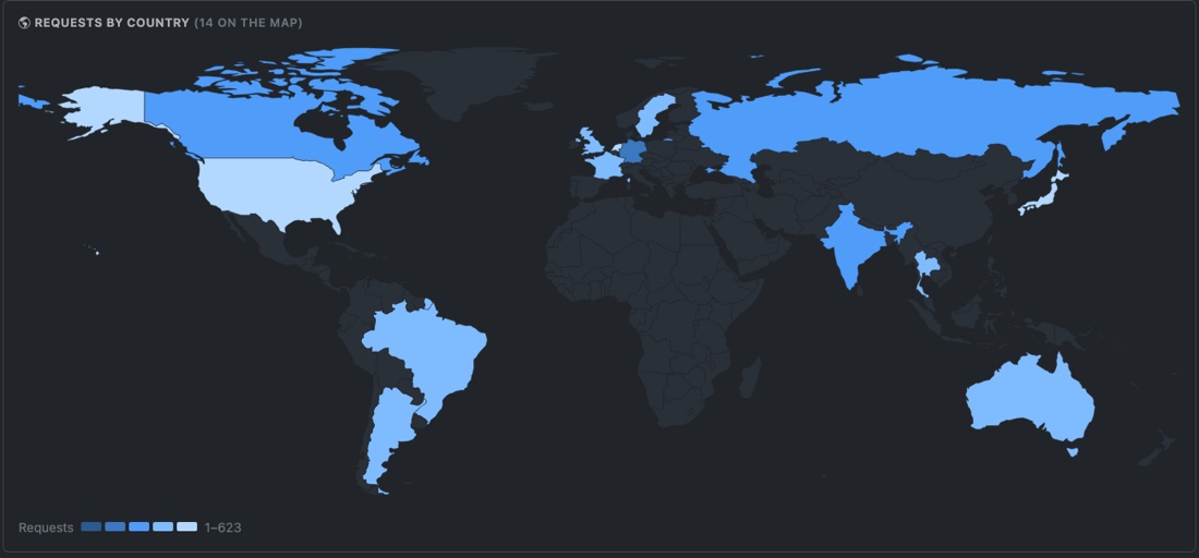 World map of requests by country
